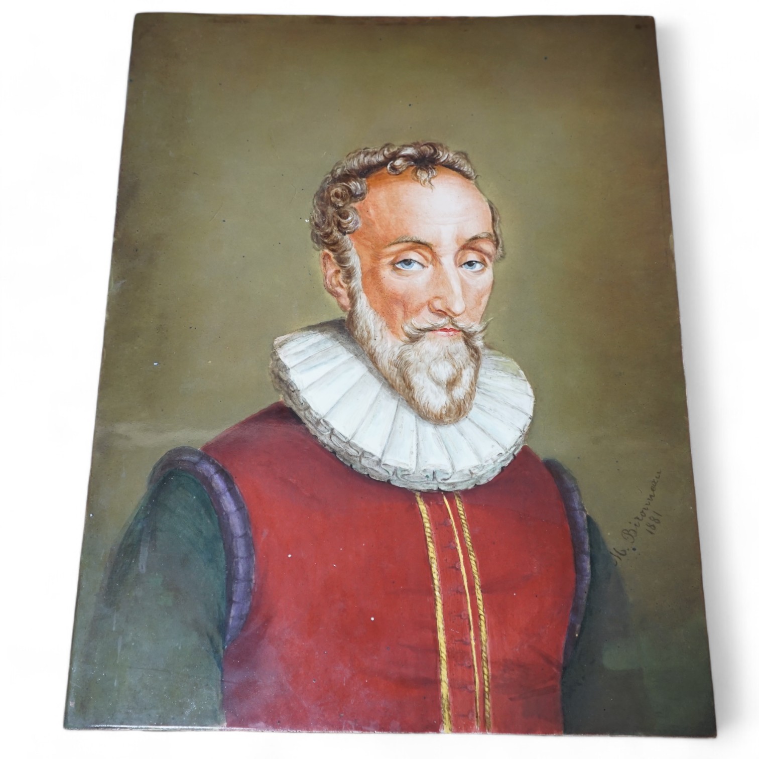 A 19th century Continental porcelain plaque of Cervantes, indistinctly signed, 45.5 x 34.5cm. Condition - good